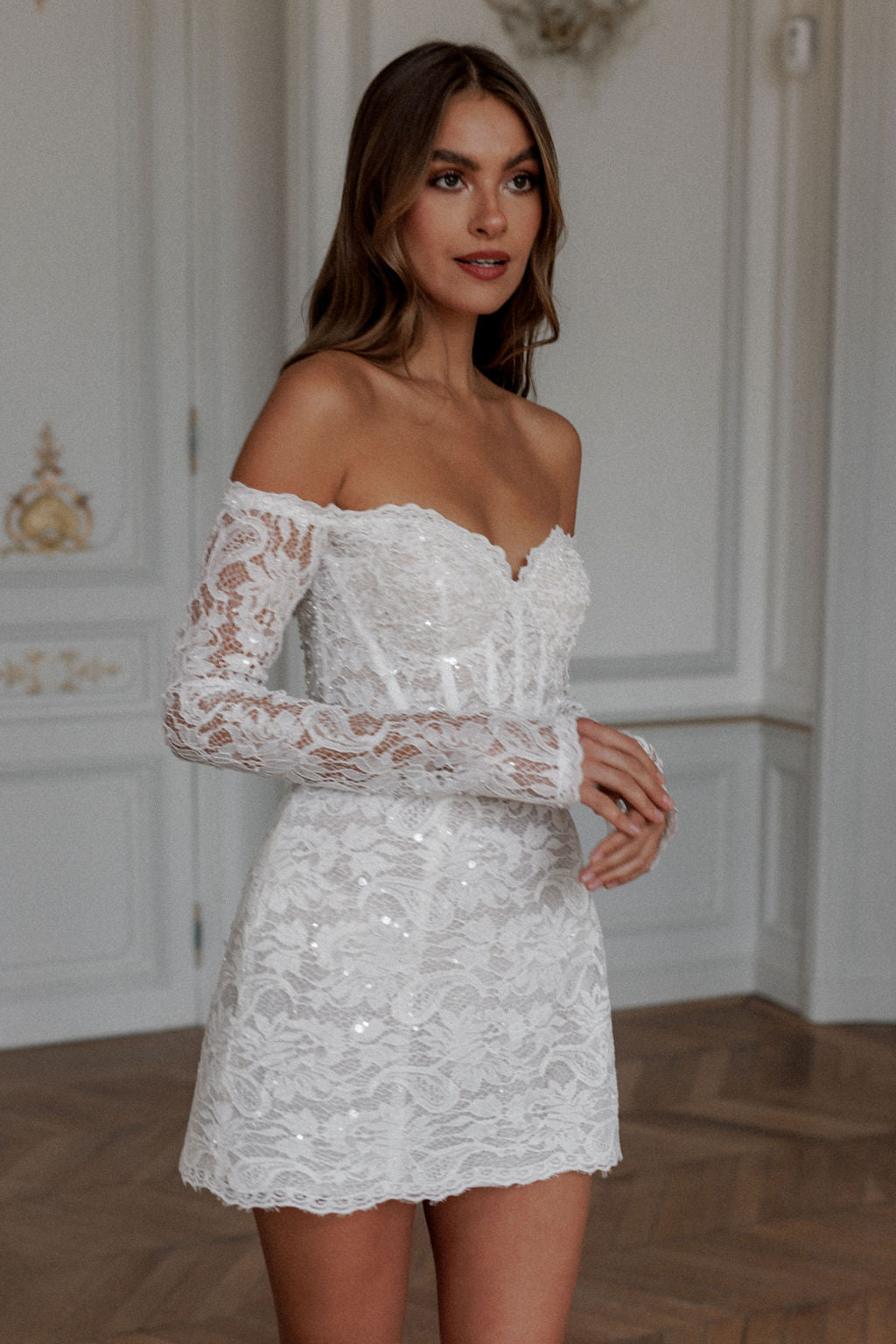 Glitter Full Lace A-Line Mini Wedding Dresses Long Sleeves Sweetheart Off The Shoulder Short Bridal Gowns vestidos de novia