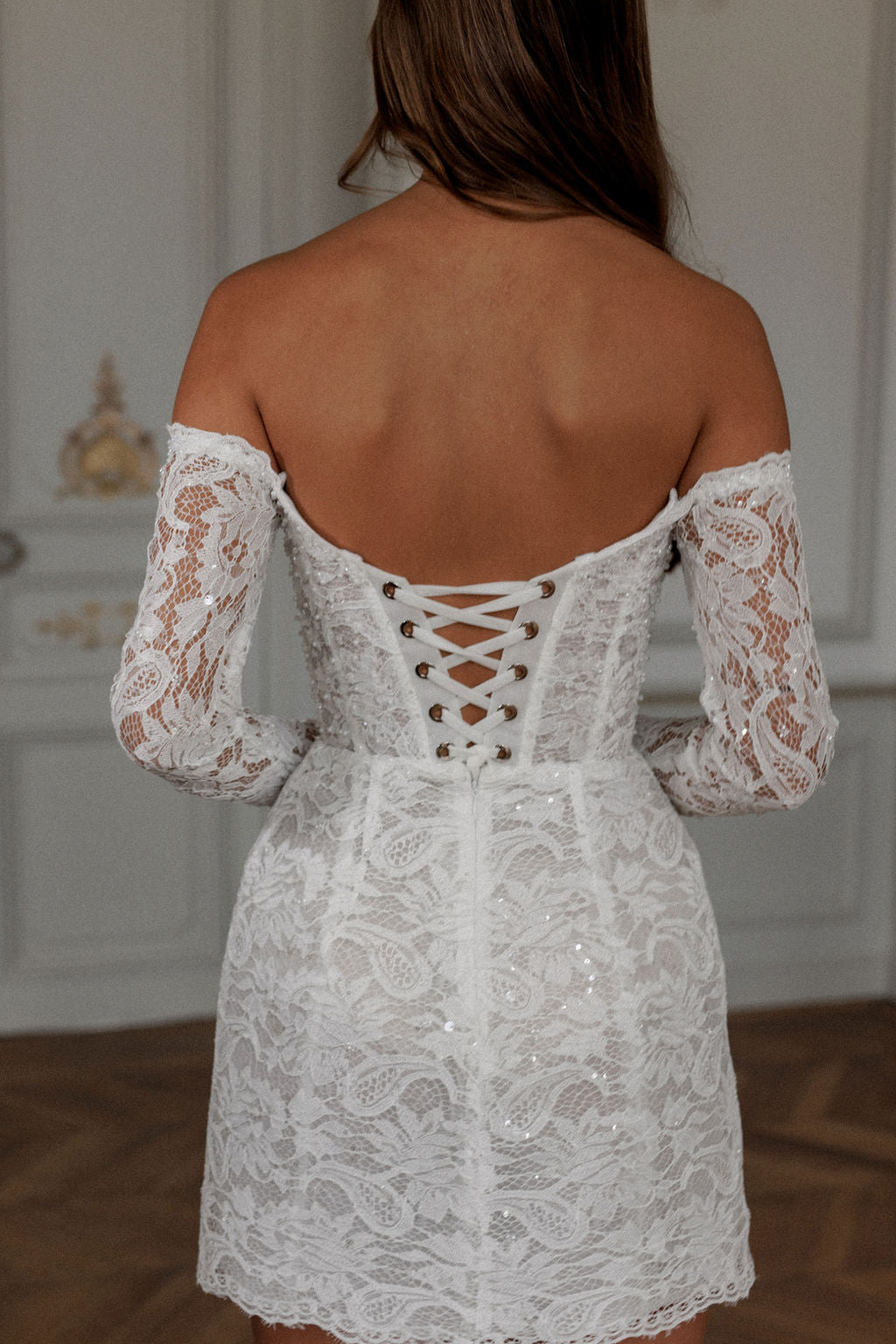 Glitter Full Lace A-Line Mini Wedding Dresses Long Sleeves Sweetheart Off The Shoulder Short Bridal Gowns vestidos de novia