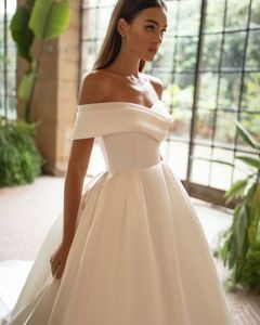 Charming Off the Shoulder Wedding Dress Short Sleeve A-Line Floor Length with Sweep Train Bridal Formal Church Marriage Gowns