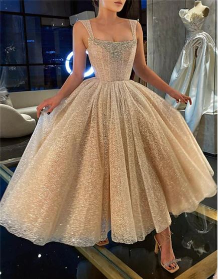 A-Line Glitter Light Champagne Wedding Dresses Sequins Sleeveless Ankle-Length Boho Bridal Gowns Shiny Princess Bride Gown