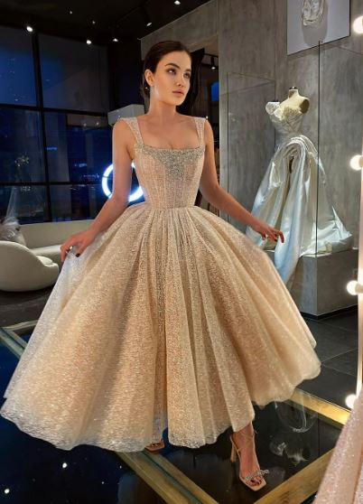 A-Line Glitter Light Champagne Wedding Dresses Sequins Sleeveless Ankle-Length Boho Bridal Gowns Shiny Princess Bride Gown