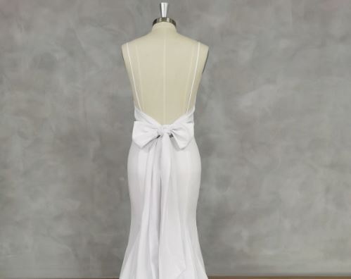 V-Neck Sleeveless Bow Crepe Mermaid Wedding Dress Open Back Button Court Train Bridal Gown