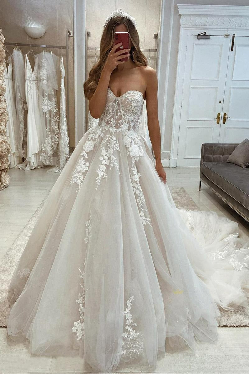 Sweetheart Lace Wedding Dresses Princess Sleeveless Appliques Elegant Long Brdie Dress 2022 Boho Prom Bridal Gowns