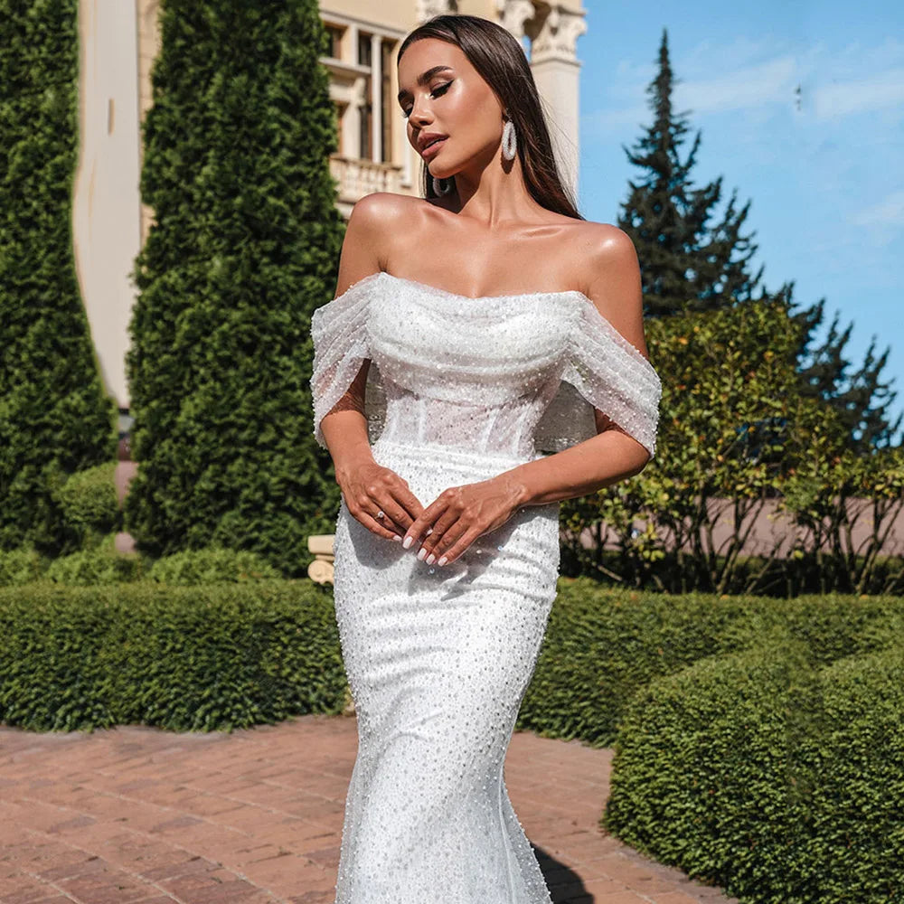 Twinkling Strapless Mermaid Wedding Dress Off The Shoulder Glitter Robe De Mariée Lace Up Back Sweep Train Vestidos De Novia