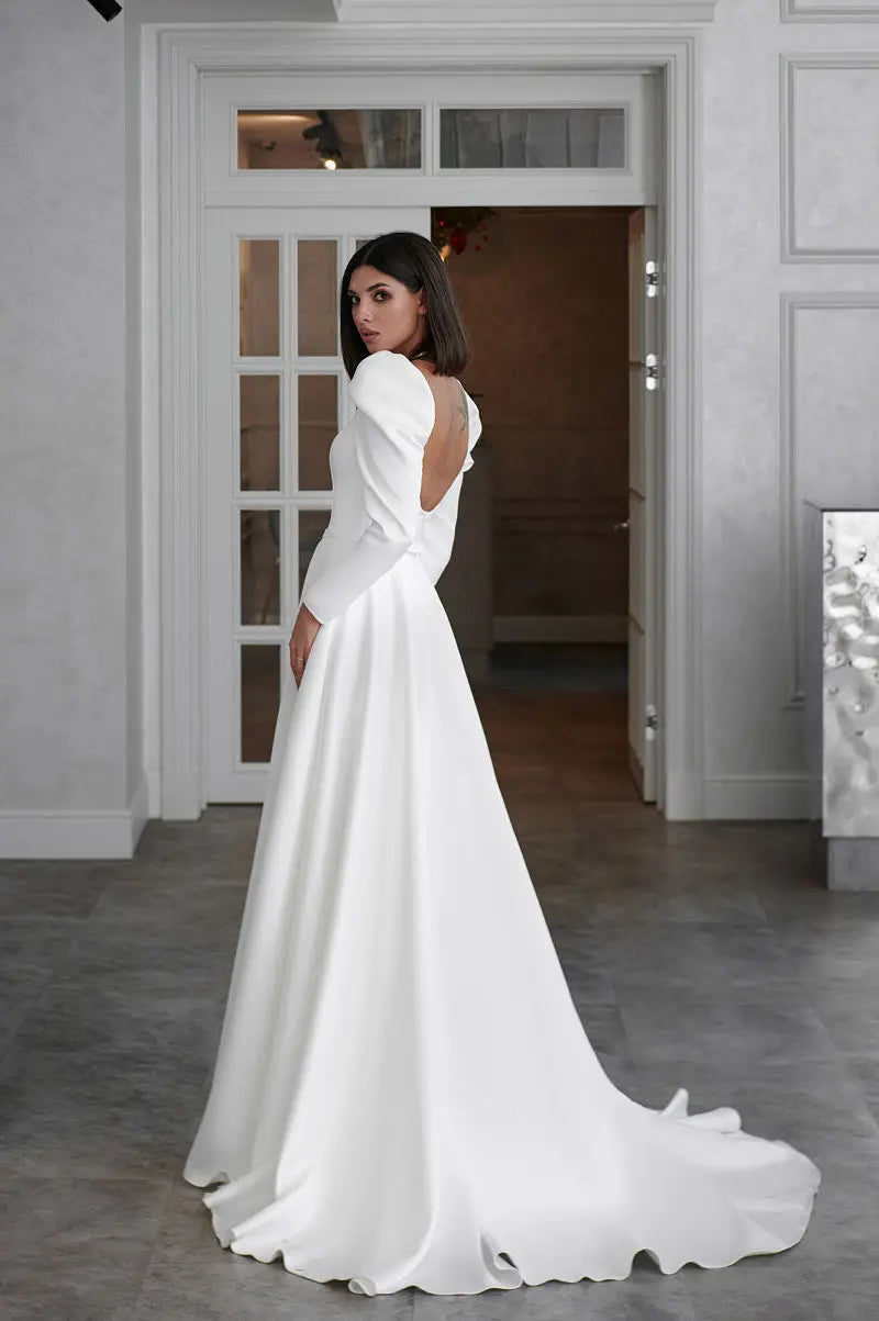 A-Line Wedding  Dress Long Sleeve Square Collar Side Slit Simple Satin Open Back Beach Robe De Mariee Custom Made To Measures