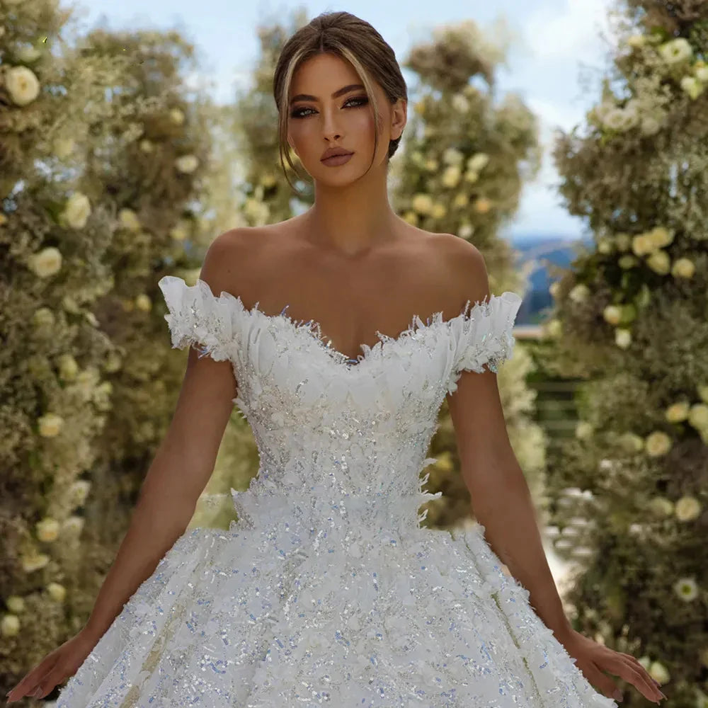 Ball Gown Princess Wedding Dresses Sweetheart Off The Shoulder Vestido De Novia Lace Sequined Shiny Robe De Mariee