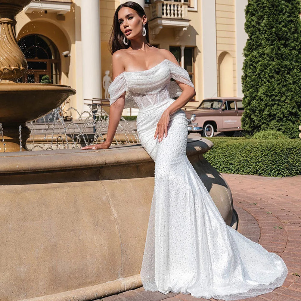 Twinkling Strapless Mermaid Wedding Dress Off The Shoulder Glitter Robe De Mariée Lace Up Back Sweep Train Vestidos De Novia