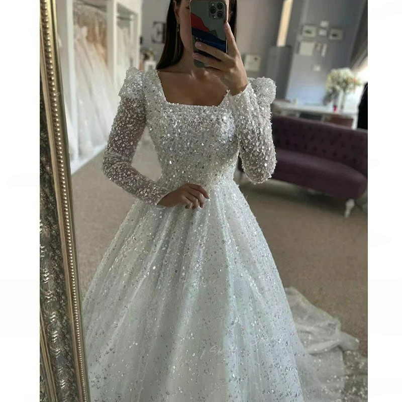 Luxurious Wedding Gowns With Beading Princess A-line Ball Gown Square Collar Full Sleeve Bride Dress  Prom Dresses Robe De Marie