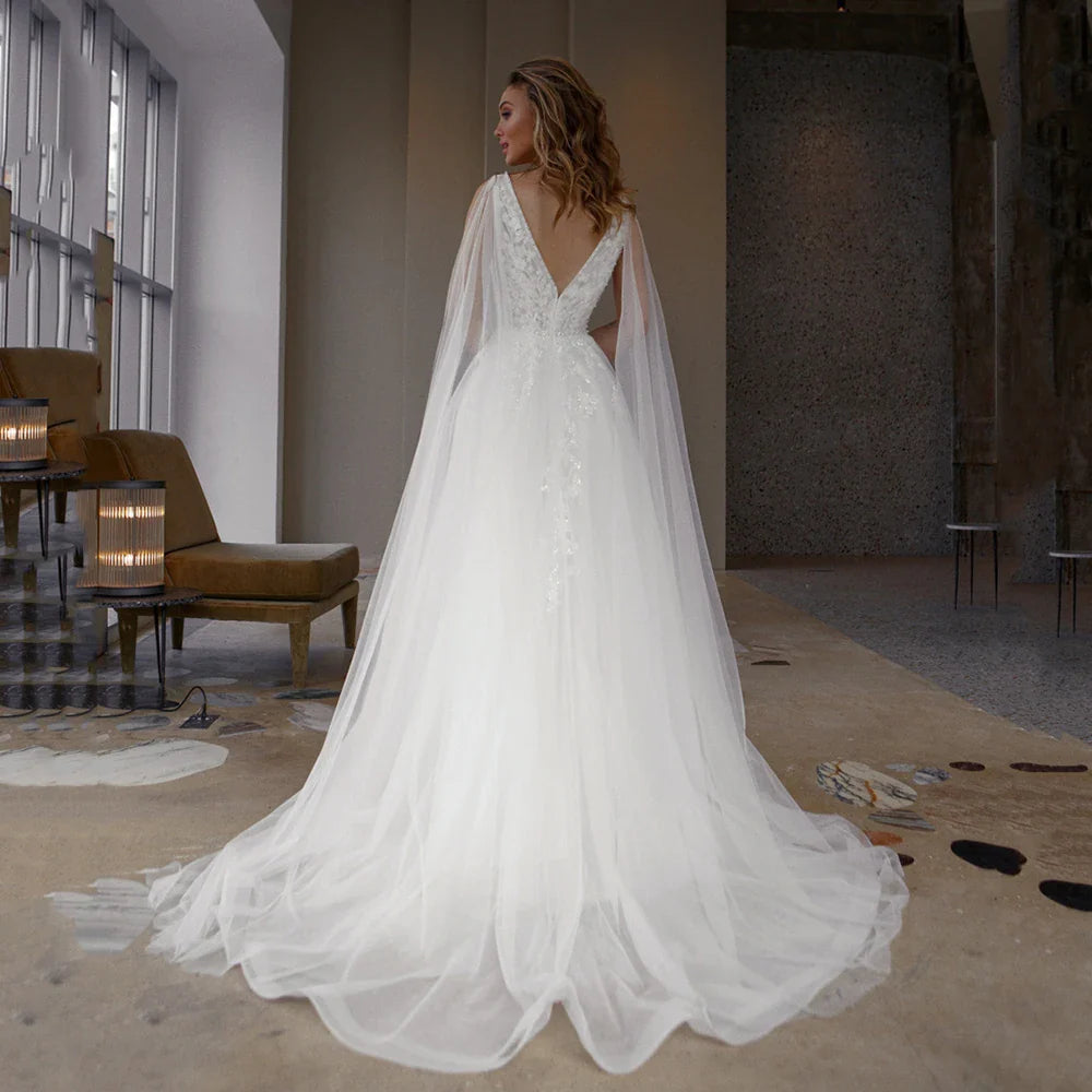 A-Line Wedding Dress V-Neck Long Puffy Lace Appliques Beading Satin And Tulle Bridal Gown Sexy Brides Dress