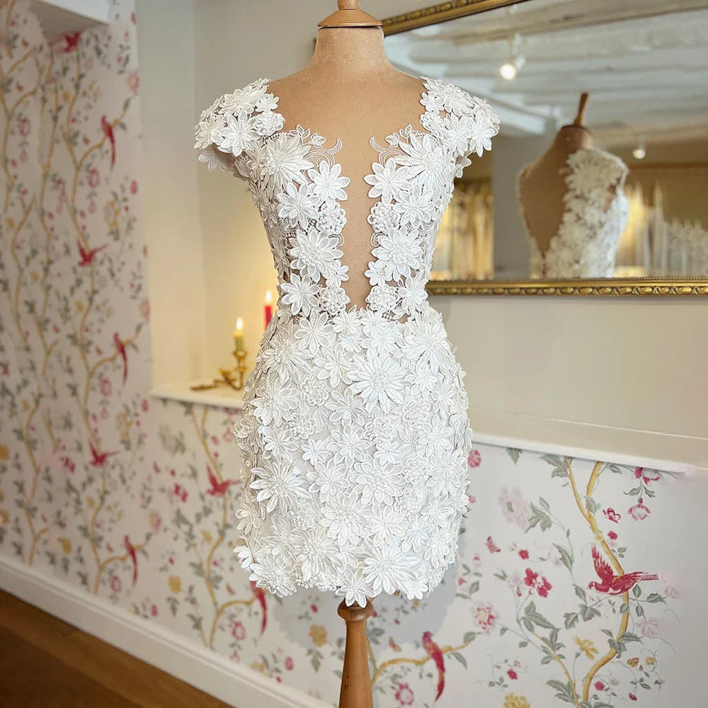 3D Flowers Lace Detachable Train Mini Short Wedding Dress V Neck Backless Cap Sleeves High Low Bridal Gown Above Knee