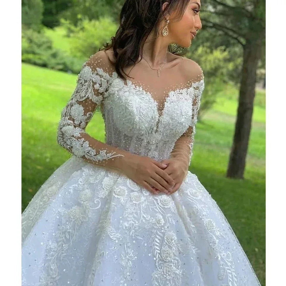 A-Line Wedding Dresses Women Elegant Long Bride Dress Lace Appliques Vestidos De Novia Long Sleeves Luxury Wedding Gowns