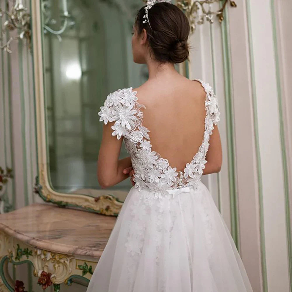 3D Flowers Lace Detachable Train Mini Short Wedding Dress V Neck Backless Cap Sleeves High Low Bridal Gown Above Knee