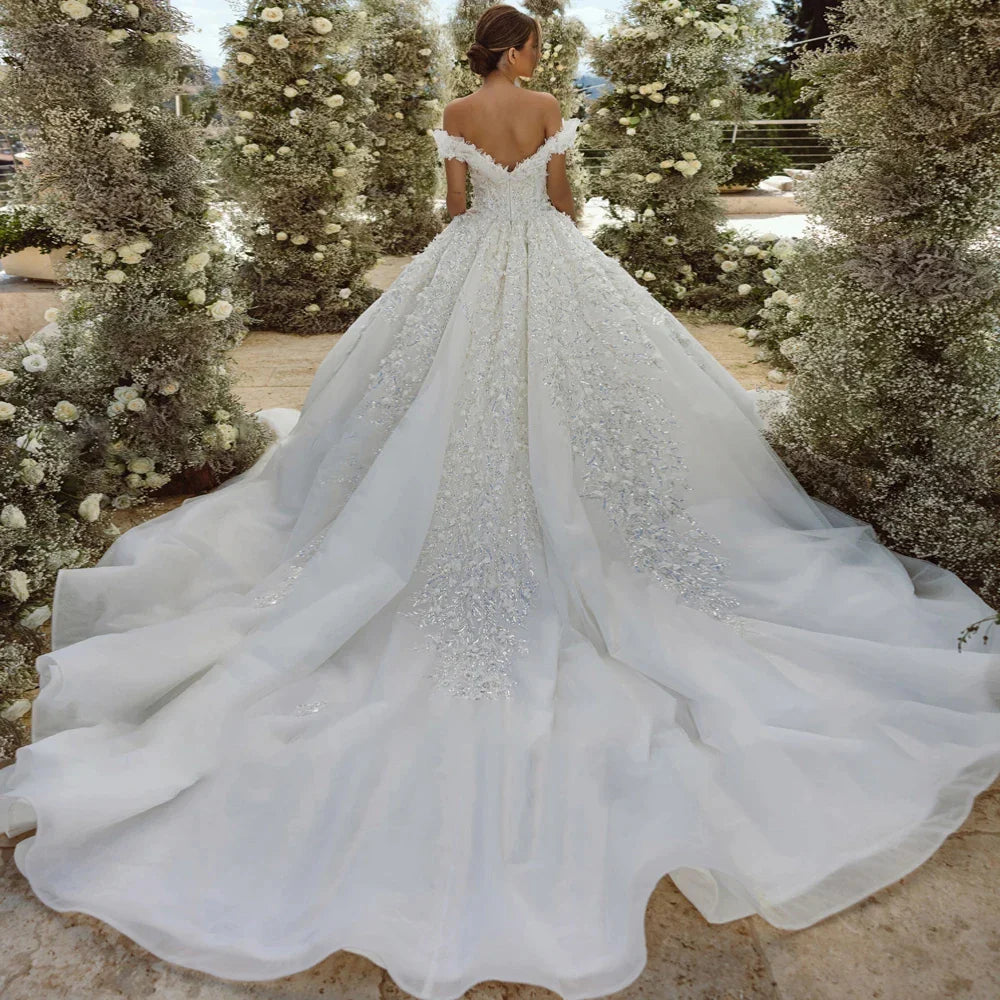 Ball Gown Princess Wedding Dresses Sweetheart Off The Shoulder Vestido De Novia Lace Sequined Shiny Robe De Mariee