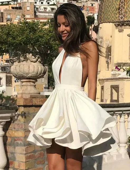 Deep V-Neck Halter Backless Mini Short Wedding Dresses For Women Simple Stain A-line Above Knee Bridal Gown