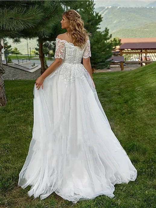 Elegant Boho Wedding Dresses For Woman Short Sleeves Off Shoulder Lace Applique Bride Gowns Boat Neck Plus Size