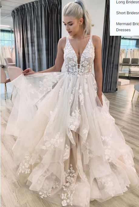 A-Line V-Neck Boho Wedding Dress Puffy Tulle Princess Bridal Dresses Plus Size Lace Appliques Backless Long Wedding Party Gowns