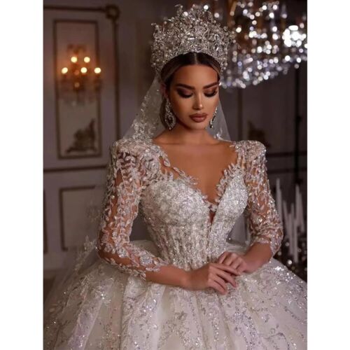 Ball Gown Royal Wedding Dresses Sweetheart Long Sleeve Robe De Mariee Lace Beaded Princess Glitter Vestido De Novia